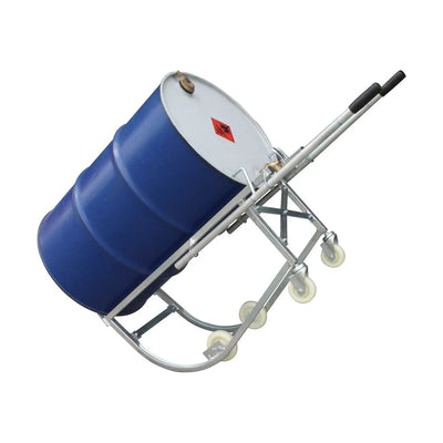 A blue industrial drum on a metal dolly, tilted for easy transport, featuring solid wheels for mobility and a hazardous materials label.
