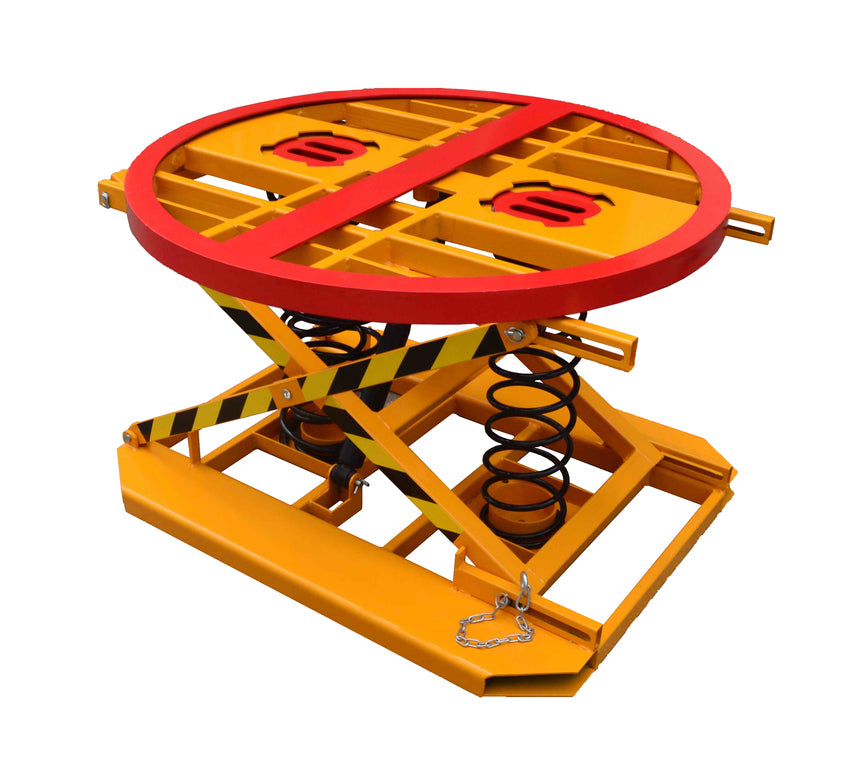 A brightly colored yellow and red pallet lift with a circular platform, featuring safety stripes and springs for elevation.