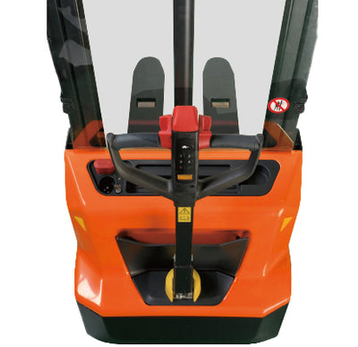 Top view of an orange electric pallet stacker, featuring a black handle and control panel, designed for warehouse material handling.
