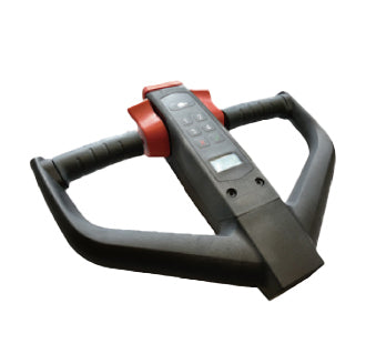 Black and red modern steering wheel controller with buttons and digital display, designed for an electric stacker.