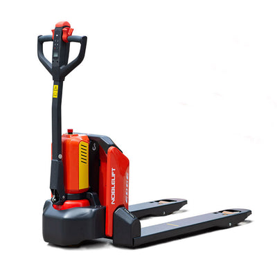 Electric pallet jack in red and black, featuring a handle, control panel, and forks for lifting and moving heavy loads.