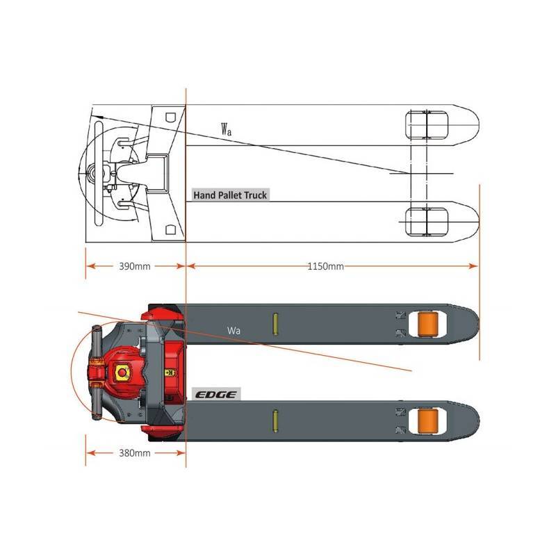 Diagram of a hand pallet truck, showing dimensions and design features, labeled with measurements of 390mm, 1150mm, and 380mm.