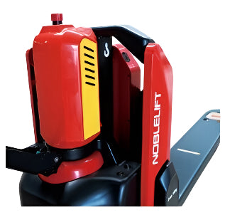 Close-up of a red NobleLift electric pallet jack, featuring a yellow and black motor, highlighting its compact and ergonomic design.