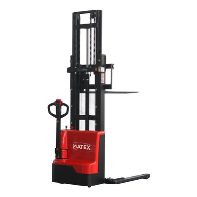 A red and black Matex electric stacker with a vertical lift, designed for lifting heavy loads in warehouses or logistics settings.