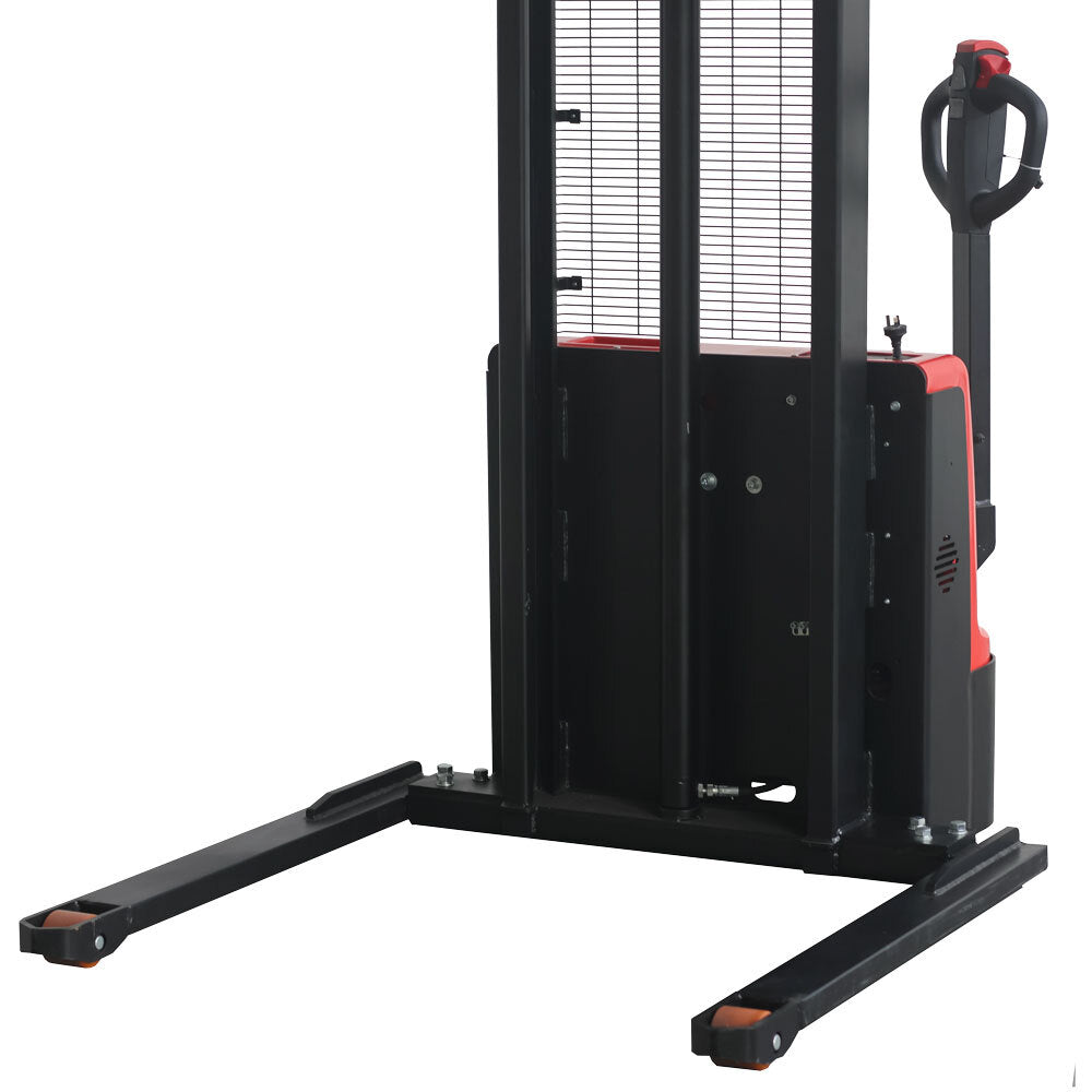 A close-up of an electric pallet stacker with a black frame and red accents, showcasing its lifting mechanism and handle.