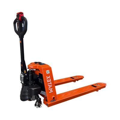 An orange manual pallet truck with a black handle, designed for lifting and moving pallets in warehouses and storage.