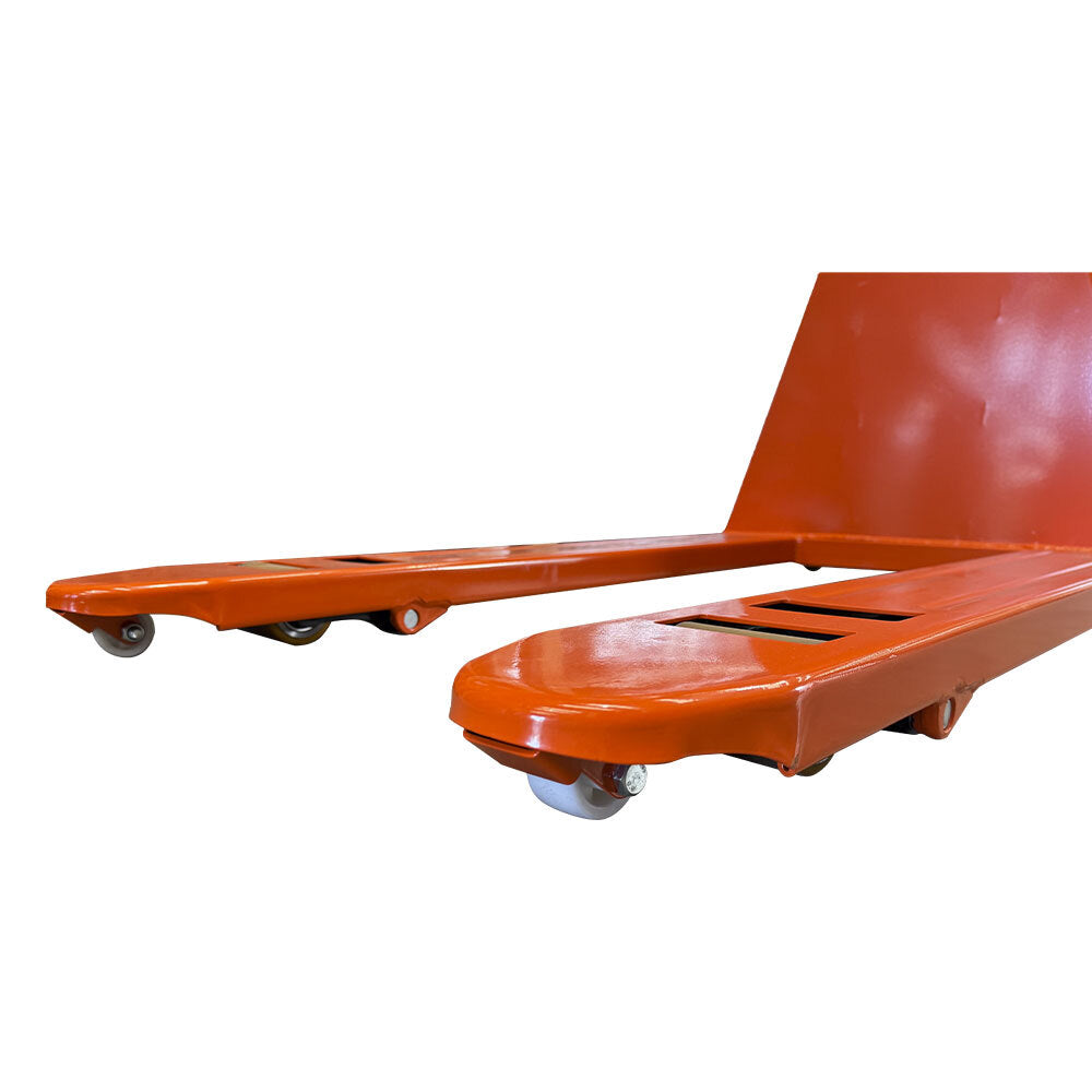 Close-up of an orange pallet jack's fork, highlighting its wheels and smooth finish, designed for lifting and moving pallets.
