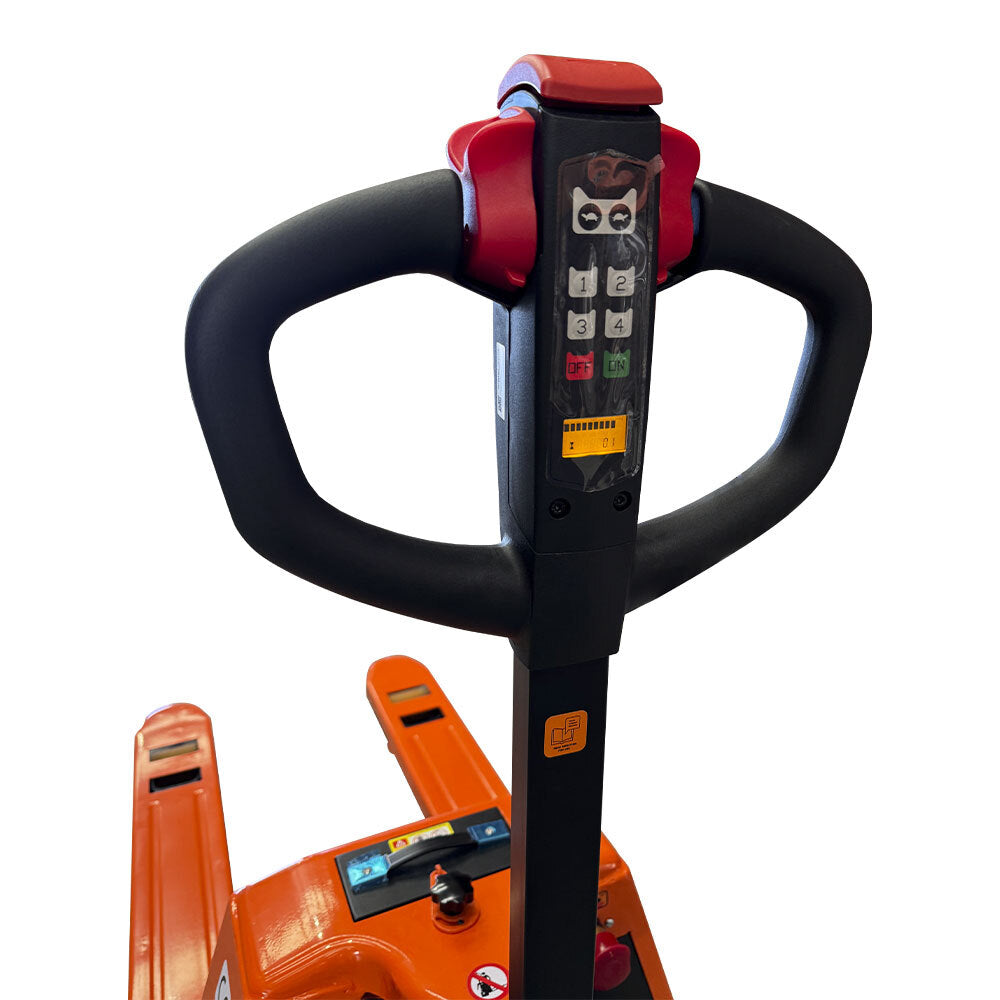 Close-up of an electric pallet jack's handle, featuring control buttons, an on/off switch, and a battery indicator.