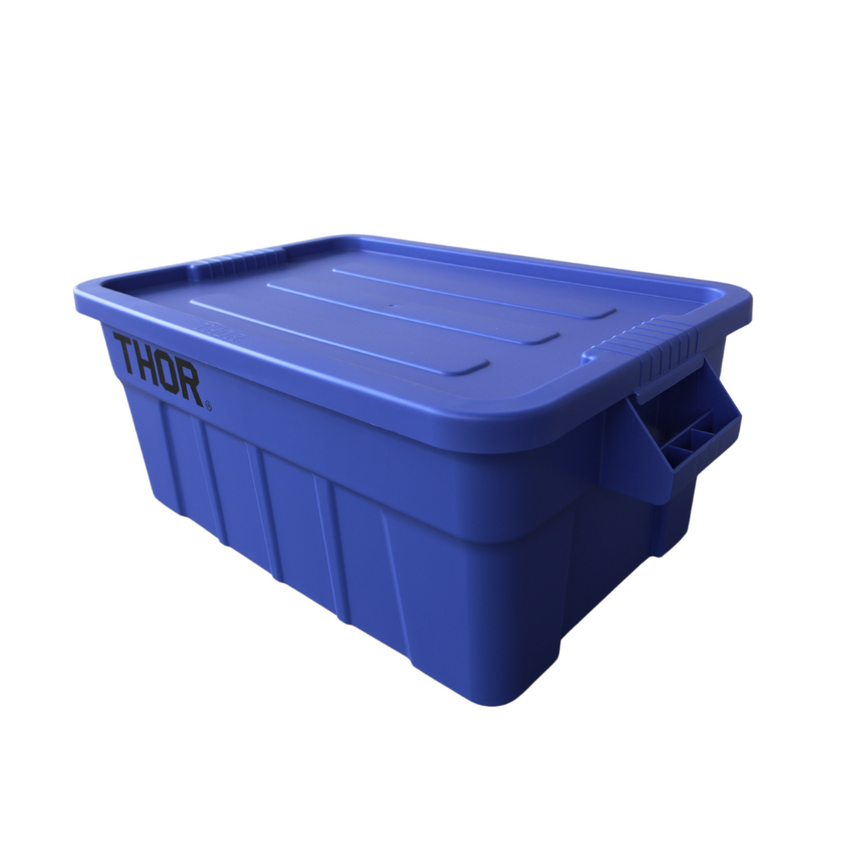 Blue plastic storage container with a ribbed lid and 'THOR' logo, featuring side handles for easy transport.