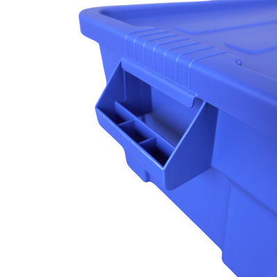 Close up view of a blue storage containers handle, showcasing the width and easiness to grip.