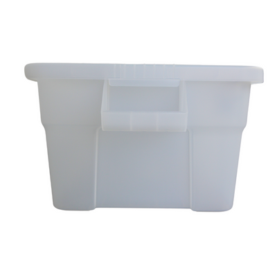 Side view of clear storage container facing the easy to grip handles.