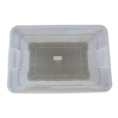 An above view of a empty clear storage container, showcasing plenty of space for all storage needs.