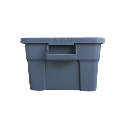 Side view of grey storage container facing the easy to grip handles.
