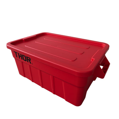 Red plastic storage container with a ribbed lid and 'THOR' logo, featuring side handles for easy transport.