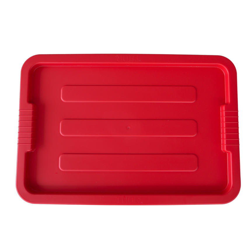 Above view of a red storage container looking at the ribbed lid design.