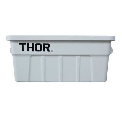 Front view of a white plastic storage container with a ribbed sides and 'THOR' logo, featuring side handles.