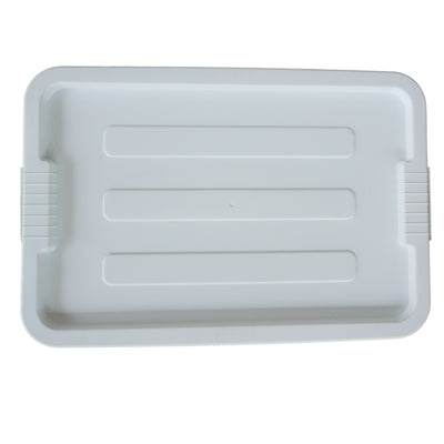 Above view of a white storage container looking at the ribbed lid design.