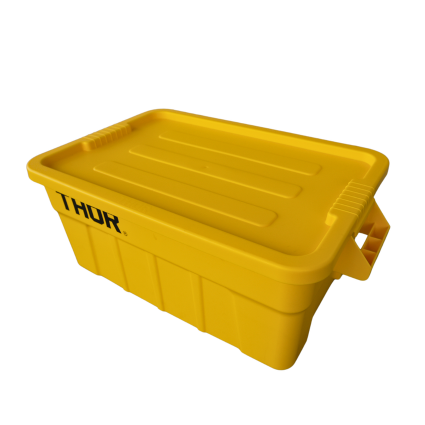 Yellow plastic storage container with a ribbed lid and 'THOR' logo, featuring side handles for easy transport.