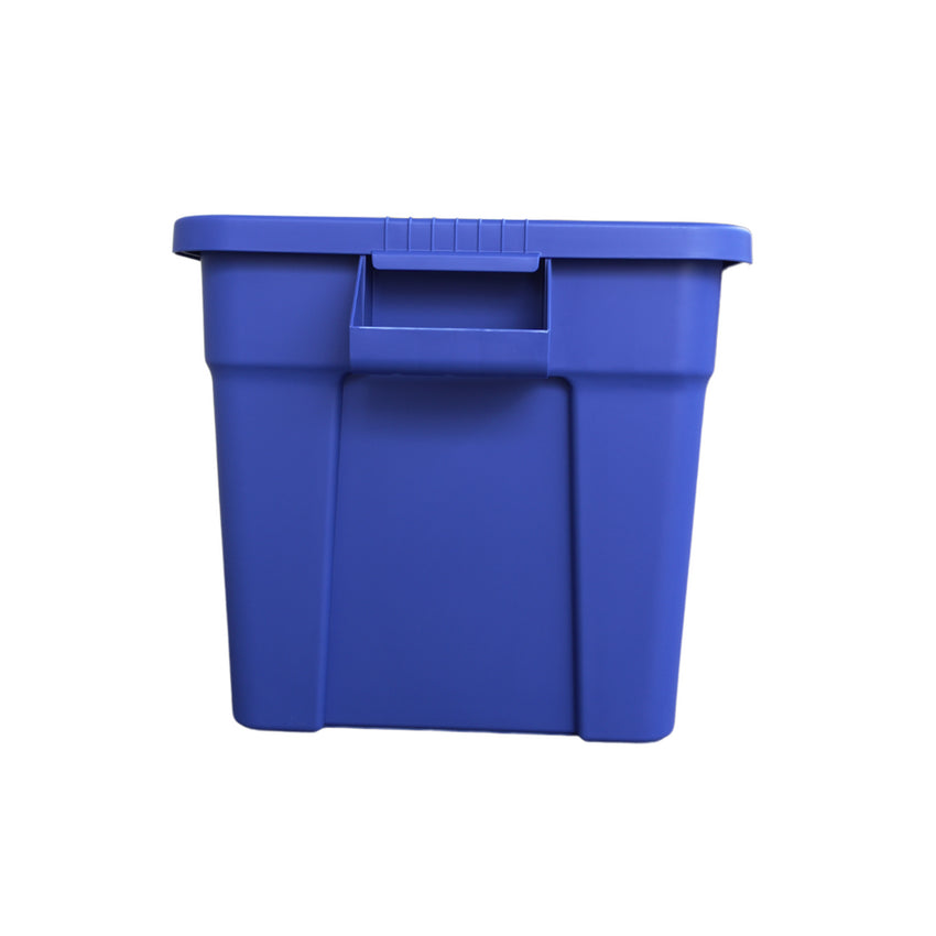 Side view of blue storage container facing the easy to grip handles.
