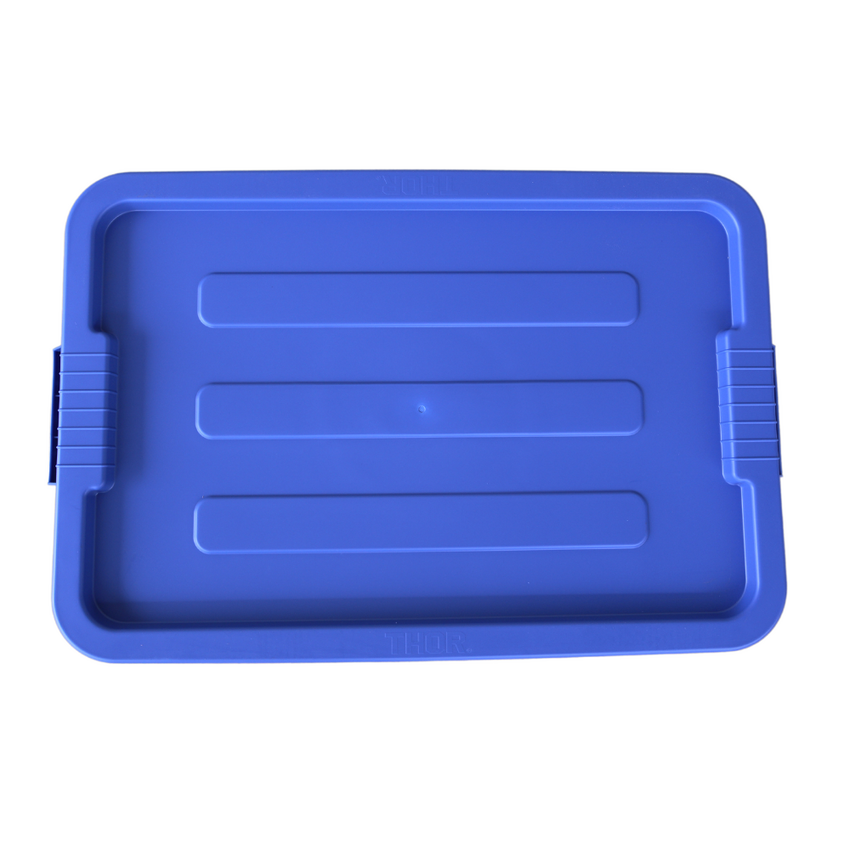 Above view of a blue storage container looking at the ribbed lid design.