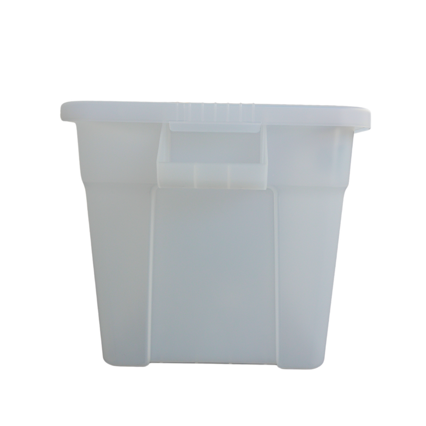 Side view of a transparent plastic storage container with a handle, showcasing a simple, minimalist design suitable for organising items.