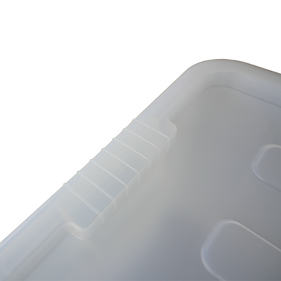 Close-up of a clear plastic storage container lid featuring textured grip areas for easy handling.