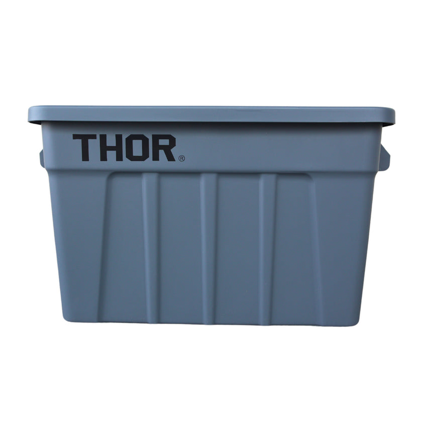 Grey storage bin with "THOR" logo on the side, featuring ribbed design and sturdy handles for easy transport.