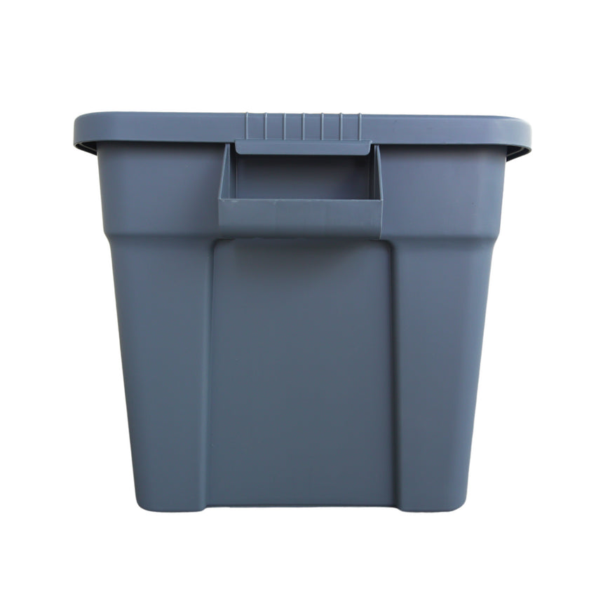 Grey plastic storage bin with a flat lid and side handles, viewed from the front against a white background.