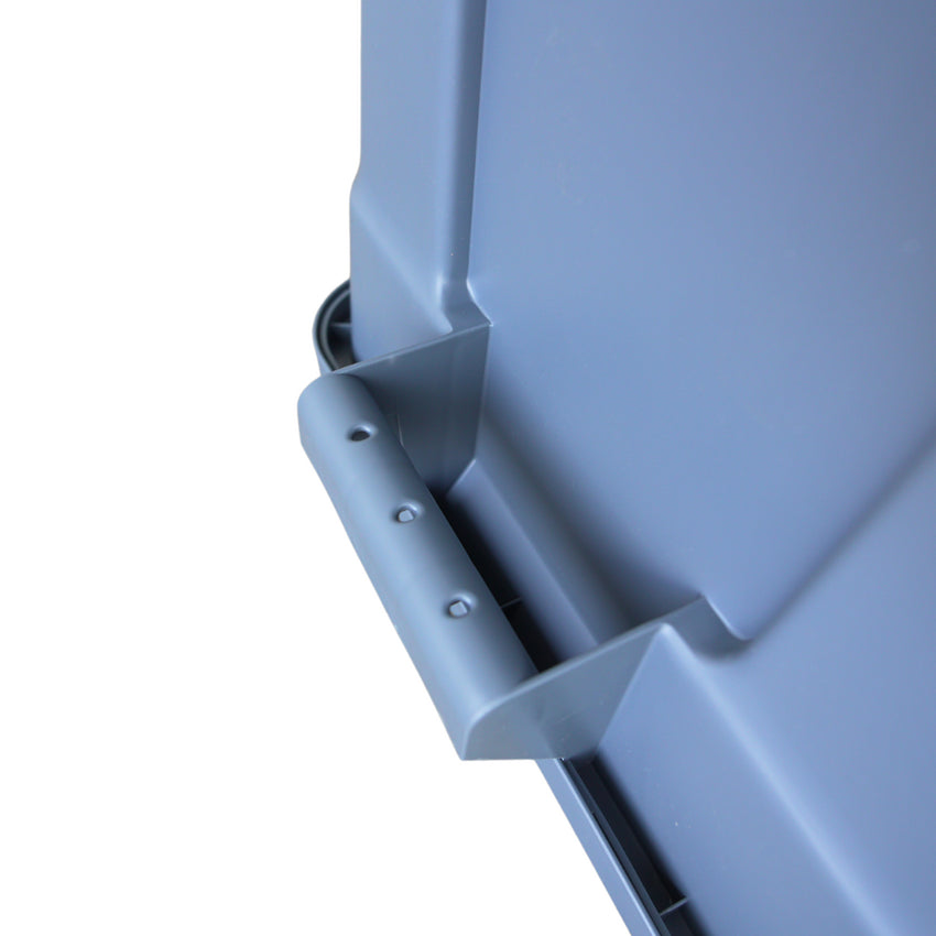 Close-up of a grey plastic storage container handle and side profile, showcasing its design for easy grip and transport.