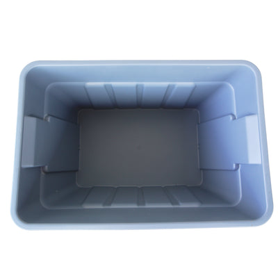 A grey rectangular plastic container, viewed from above, featuring smooth walls and no lid, suitable for storage or organisation.