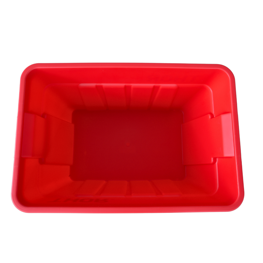 Bright red rectangular storage bin with a smooth interior and sturdy sides, viewed from above.