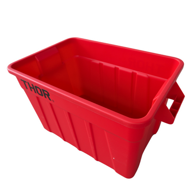 Bright red plastic storage bin with a handle and "THOR" logo, featuring vertical grooves and a spacious interior.