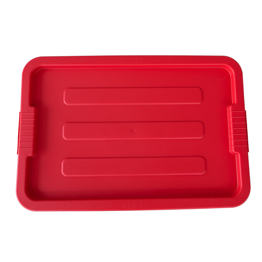 Red plastic tray with textured lines, featuring grip handles on the sides, ideal for food or utility use. Top view on a white background.