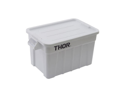 White plastic storage bin with a flat lid and handles, featuring a black "THOR" logo on the front. Ideal for organising items.