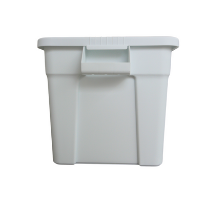 A plain white plastic storage bin with a handle, designed for organisation and easy carrying.