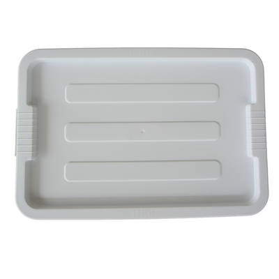 White plastic tray with textured lines, featuring grip handles on the sides, ideal for food or utility use. Top view on a white background.