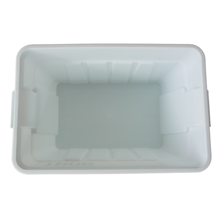 A white rectangular plastic container, viewed from above, featuring smooth walls and no lid, suitable for storage or organisation.
