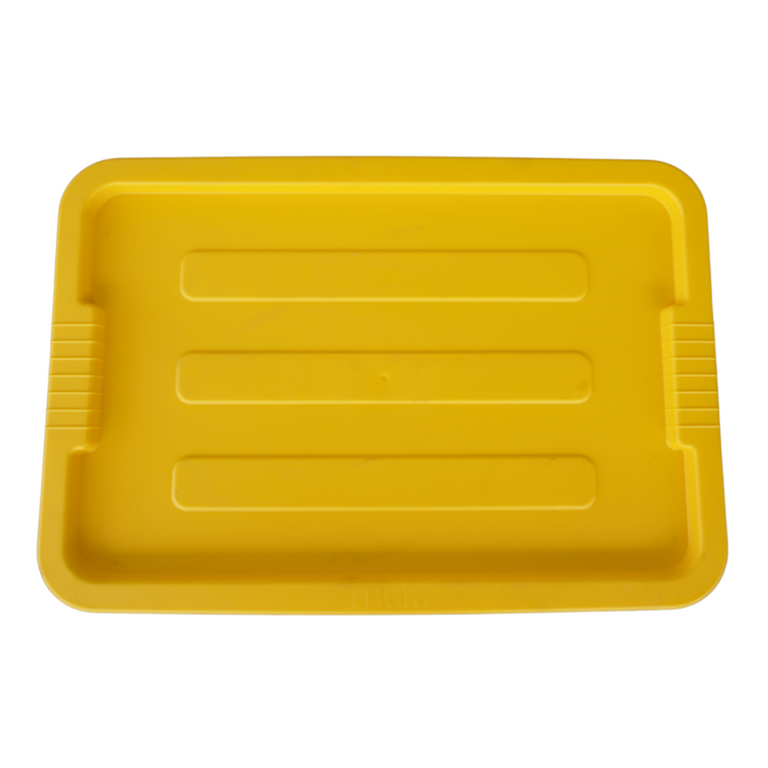 A top-down view of a vibrant yellow rectangular tub with textured grooves and built-in handle grips, designed for serving or food preparation.