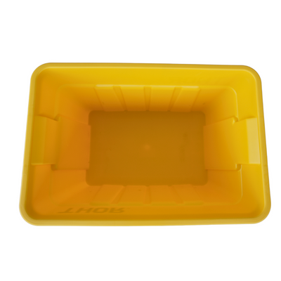 A bright yellow rectangular plastic box with smooth edges, viewed from above, showing its hollow interior.