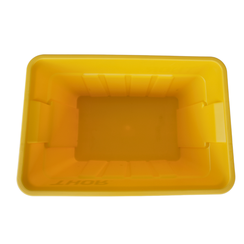 A bright yellow rectangular plastic box with smooth edges, viewed from above, showing its hollow interior.