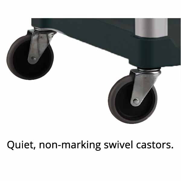 A close-up of swivel castors with a sleek design, showcasing their quiet operation and non-marking feature for easy mobility.