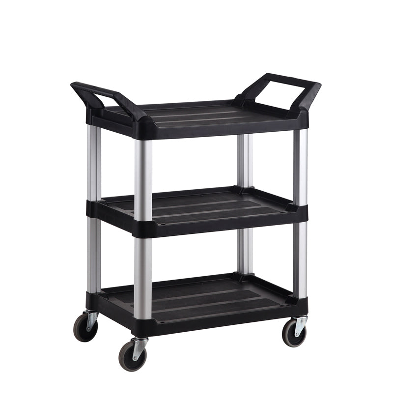 A black three-tier utility cart with aluminum frame and four wheels, designed for easy transport of items in various settings.