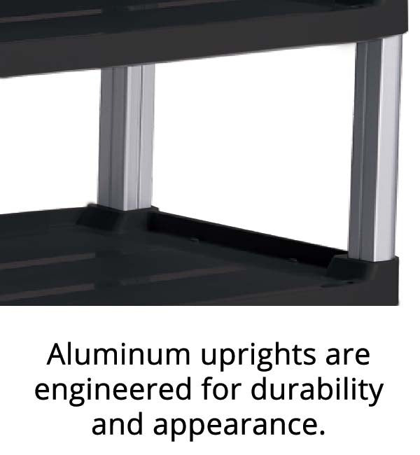Close-up of a sturdy shelving unit featuring sleek aluminum uprights, highlighting their durability and modern design.