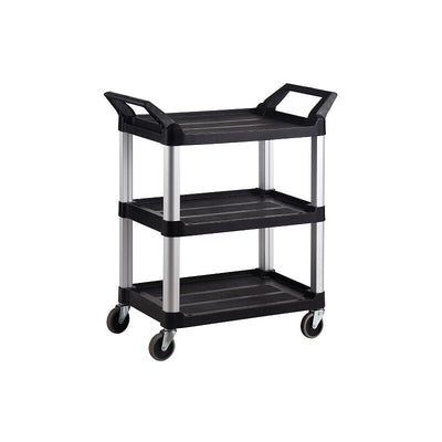 A black three-tier utility cart with aluminum frame and four wheels, designed for easy transport of items in various settings.