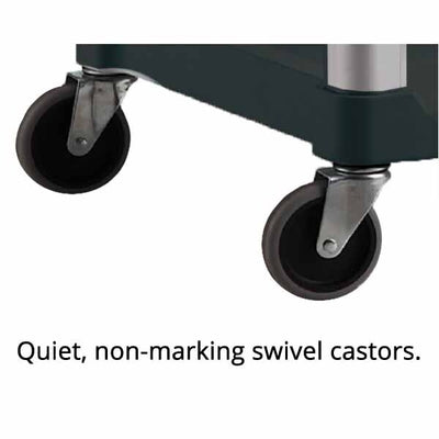 Close-up of quiet, non-marking swivel casters on a rolling cart, showcasing functionality and floor protection.