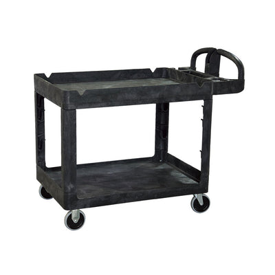A sturdy black utility cart with two shelves, handles, and wheels for easy mobility in various environments.