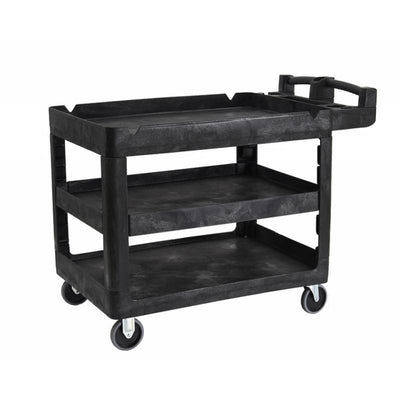 A sturdy, black, 3-shelf utility cart with wheels, designed for easy transport and storage of various items.