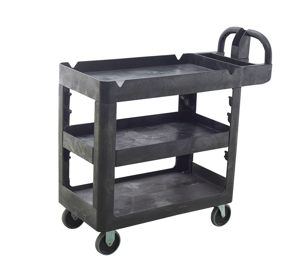 A sturdy black utility cart with three shelves and wheels, designed for easy transportation of items in various settings.