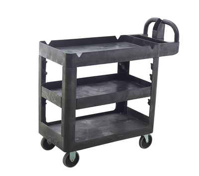 A sturdy black utility cart with three shelves and wheels, designed for easy transportation of items in various settings.