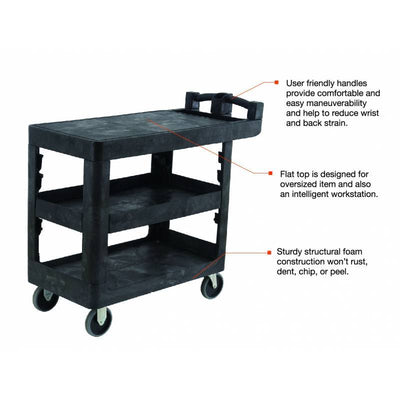 A black utility cart with three shelves, user-friendly handles, and sturdy foam construction, designed for easy maneuverability and durability.